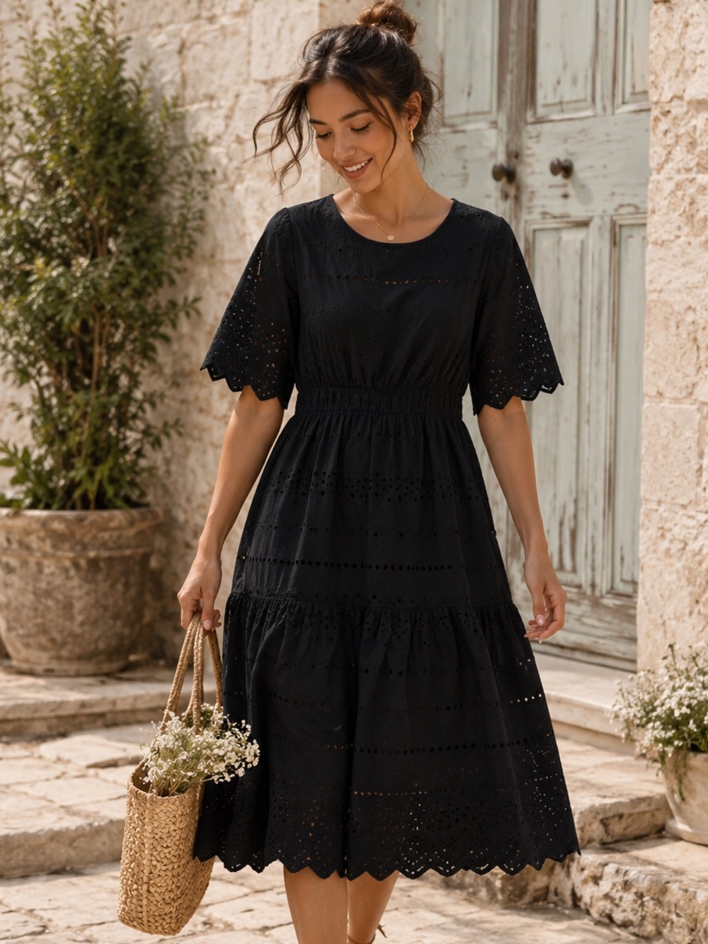 Valentina Naldi Black Eyelet Midi Dress L Italian Cotton Cottagecore Summer